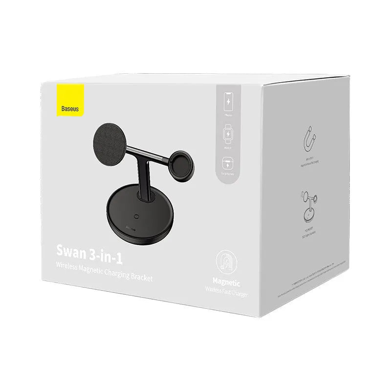 Baseus Swan three-in-one wireless magnetic charging stand in black on a desk
