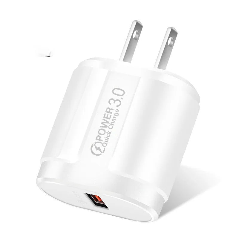 White international smart charger for mobile phones with EU UK US plug options shown