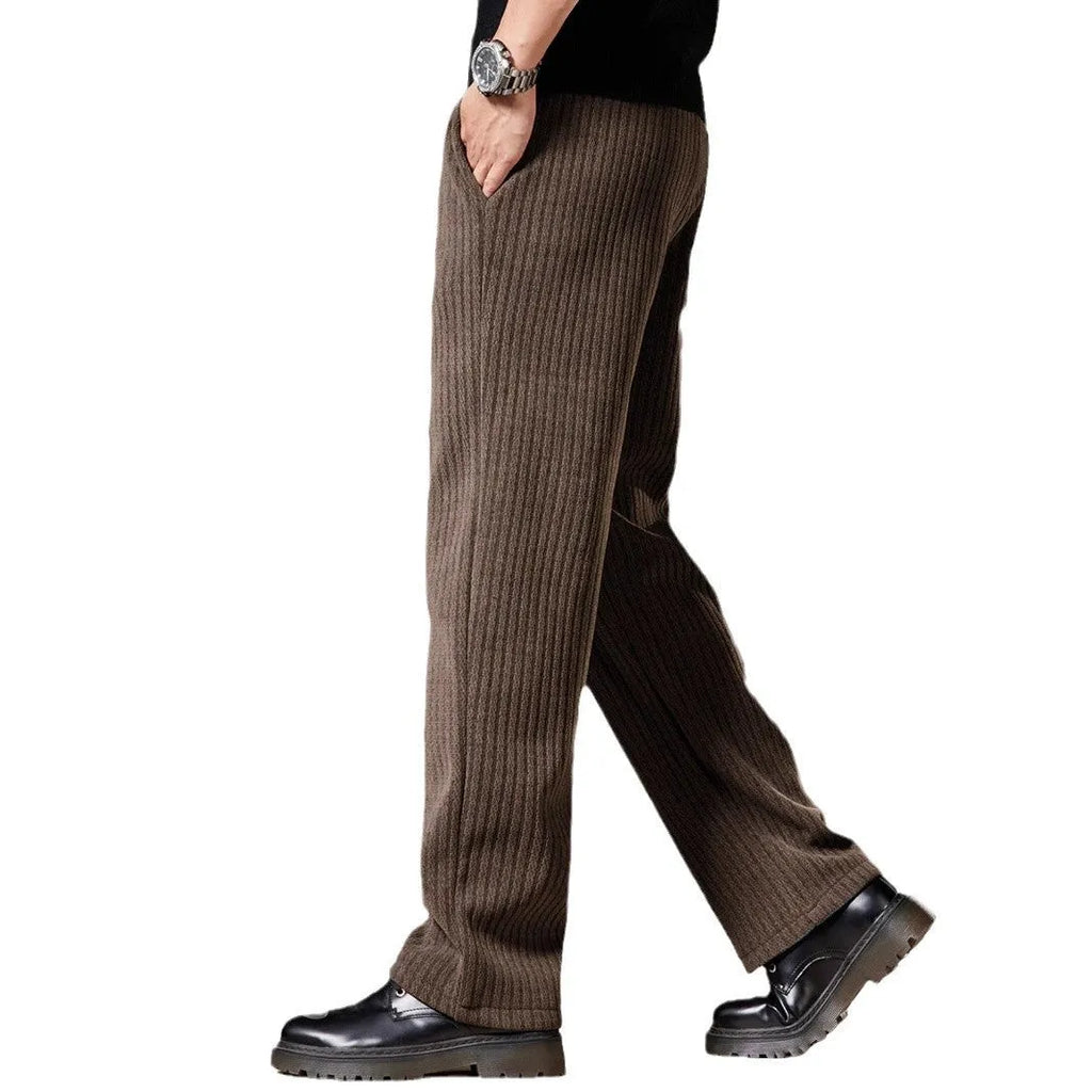 Thick stripe velvet heavy corduroy straight casual pants for men, khaki colour, polyester fibre fabric