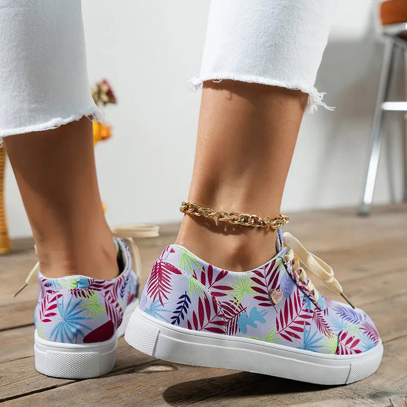 Light blue canvas lace-up flats for women round toe casual sneakers graffiti print