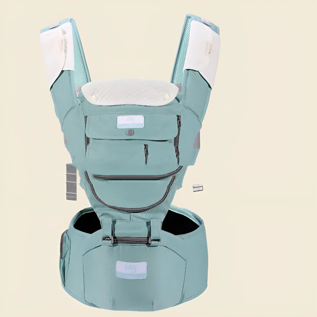 Breathable baby hip seat carrier in mint green with adjustable shoulder strap and waist stool