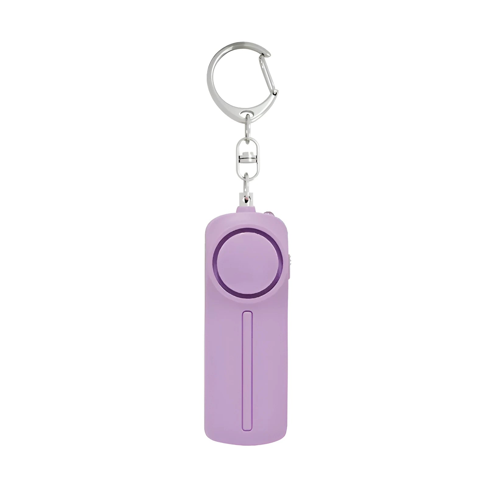 Compact pink personal safety alarm with keyring, showing dimensions and LED light.