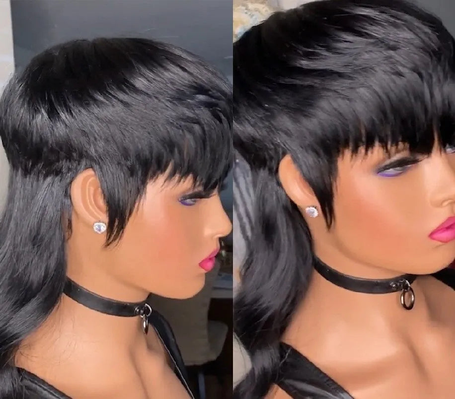 Black Brazilian synthetic wig with fringe and front short, back long hairstyle.