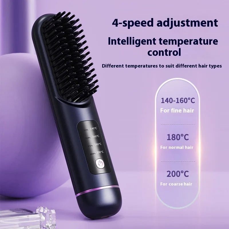 A white portable negative ion hair comb with USB-C charging port, shown alongside dark blue and grey colour options.