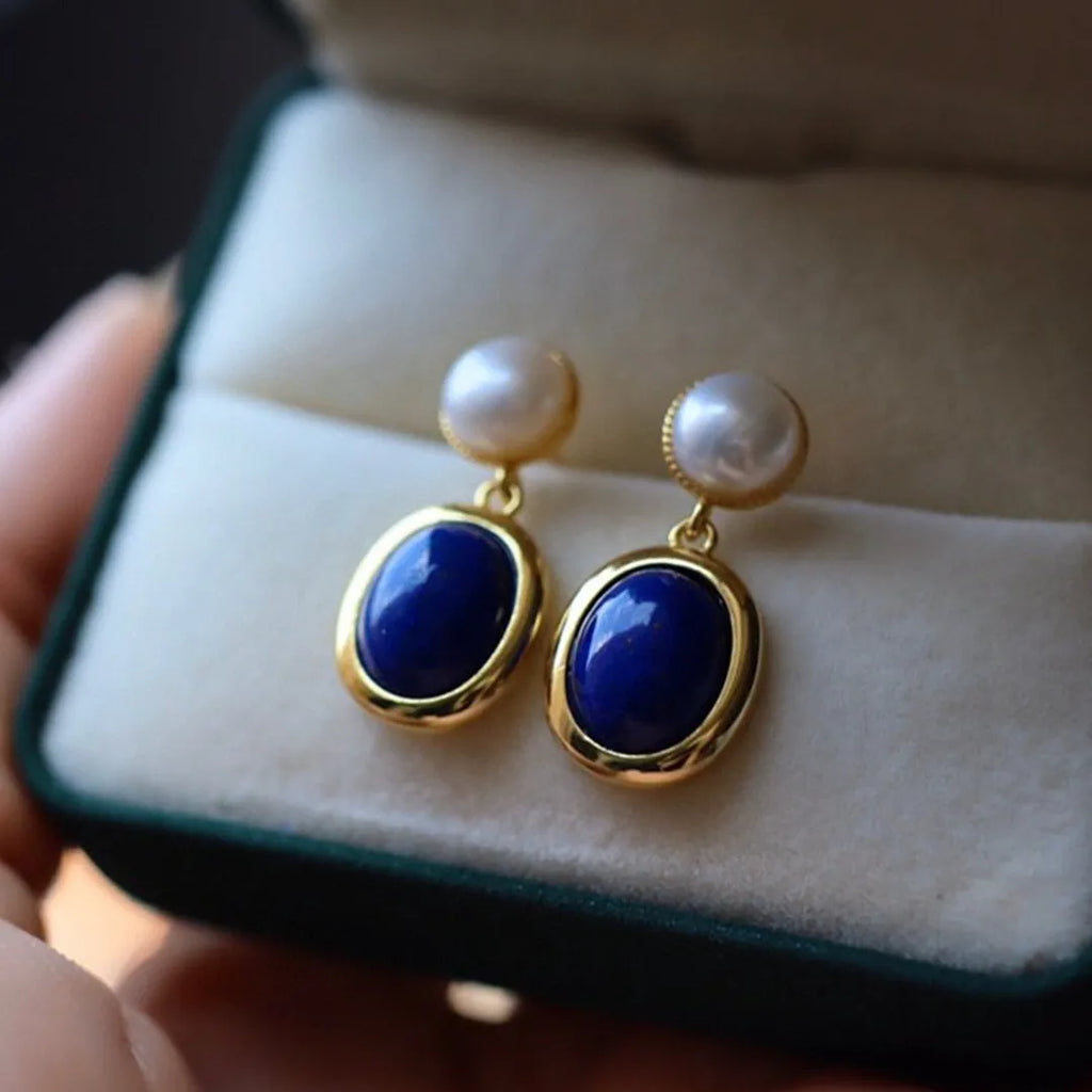 Natural lapis lazuli pearl earrings crafted from 925 sterling silver with auspicious pattern details