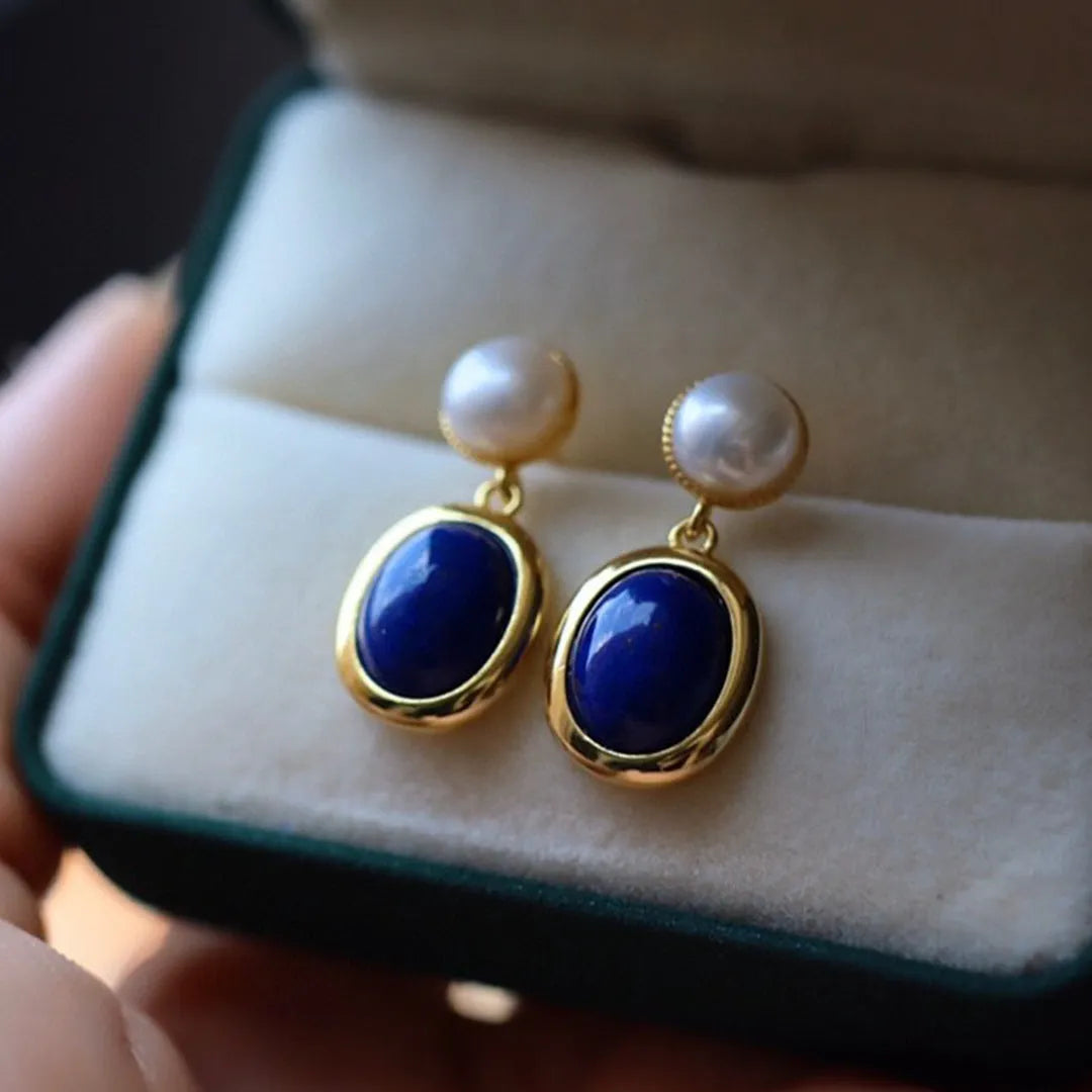 Natural lapis lazuli pearl earrings crafted from 925 sterling silver with auspicious pattern details