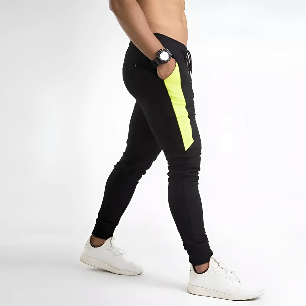 Men's cotton blended fitness running training pants in black yellow colour, slim fit with stretch waist