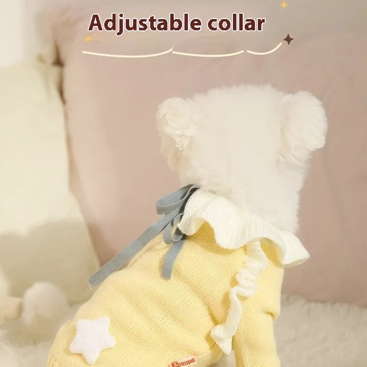 Small dog wearing autumn sweater in yellow XINGX design with size options from XS to XL