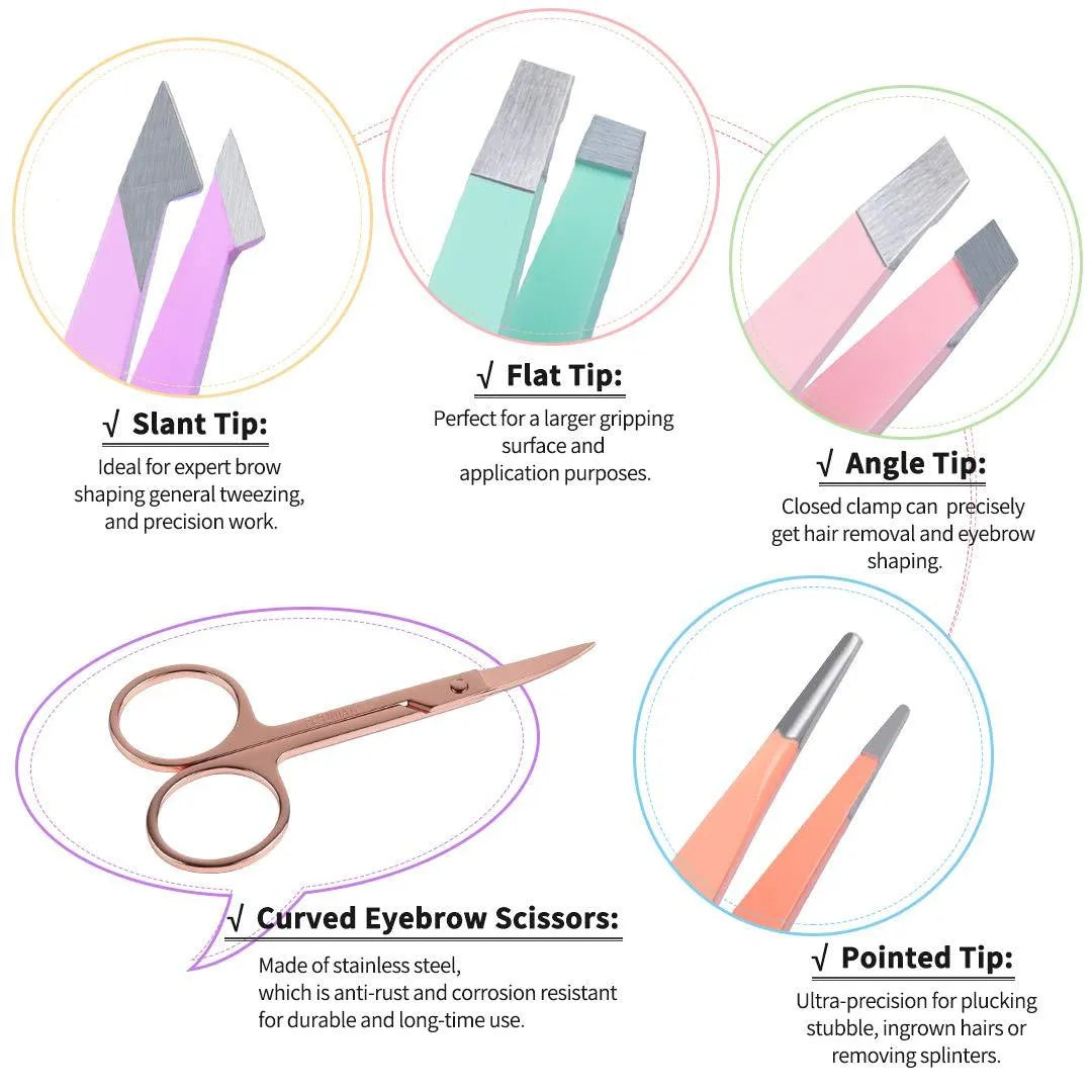 Six-piece stainless steel eyebrow tweezer set with slanted tips, curved scissors, brush, and leather case