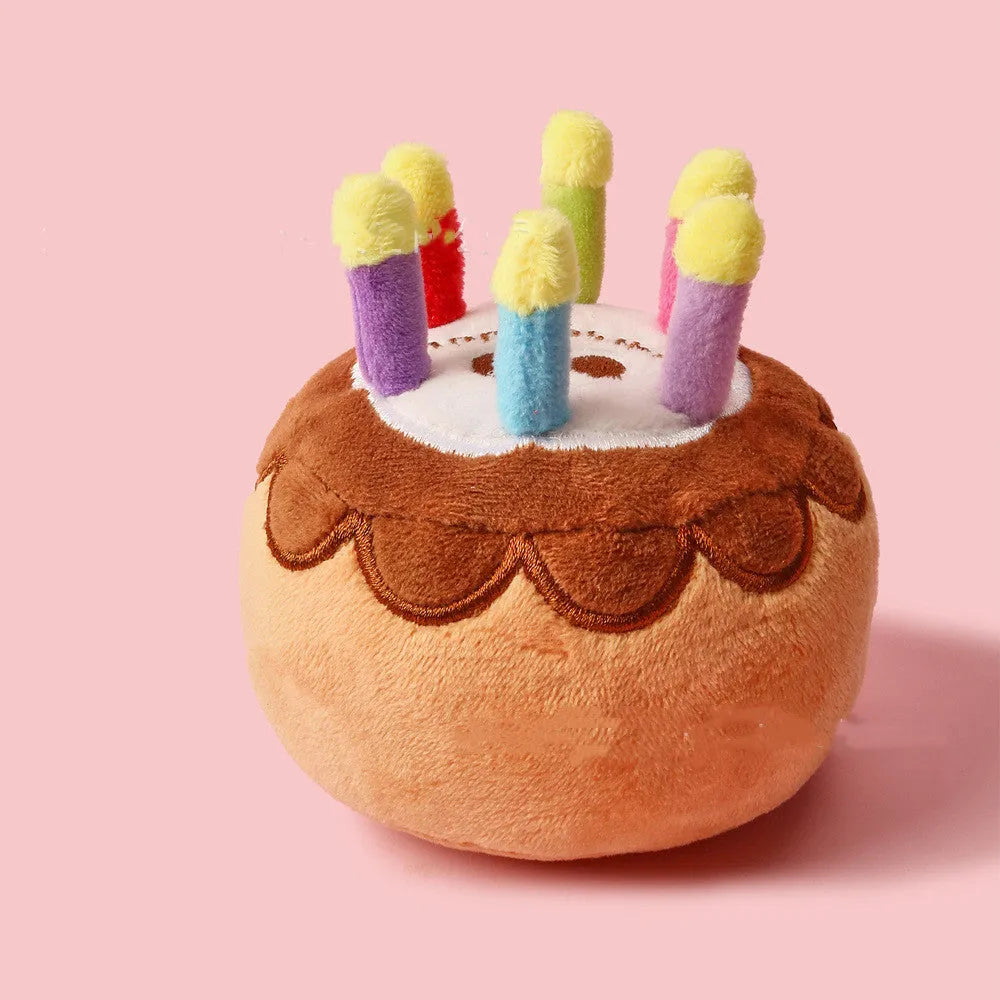 Brown plush pet birthday cake toy with candle, 40g, for dogs and cats