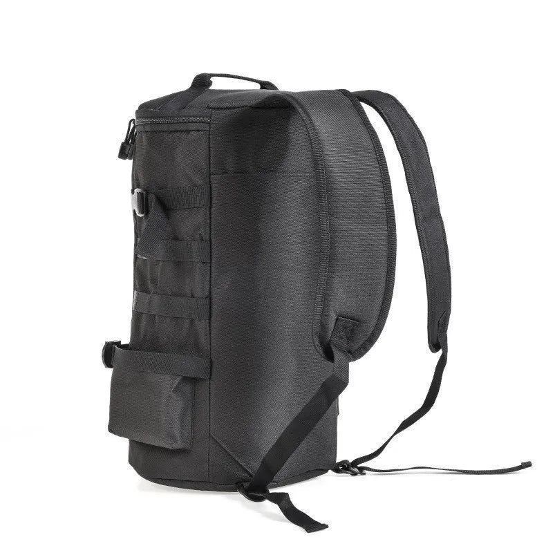 Black cylinder fishing tackle backpack 23L polyester with dual shoulder straps