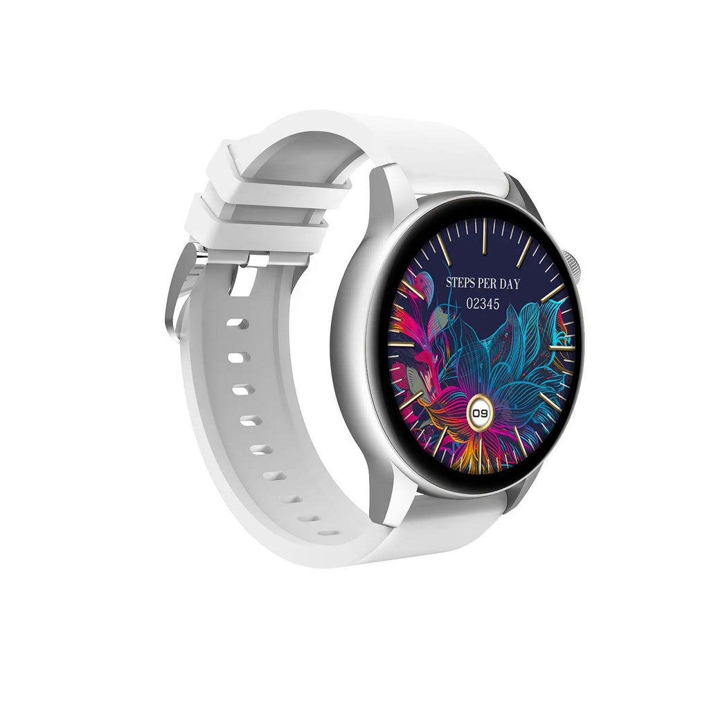 Smart watch with a colour touchscreen display and stainless steel case, shown in black, pink, or silver.