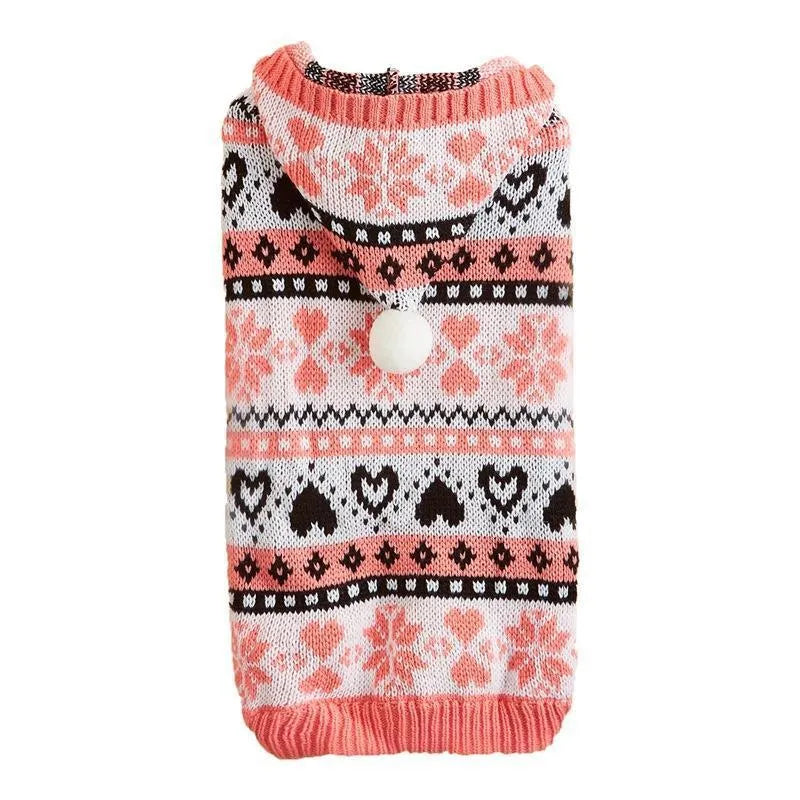 Blue striped camouflage dog sweater with snowflake and heart pattern on small white dog