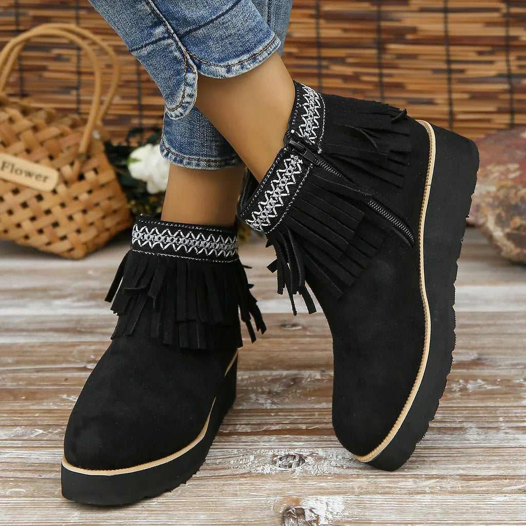 Women's black suede wedge boots with a side zipper and thick platform sole
