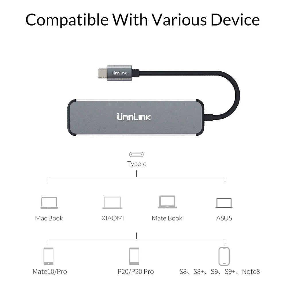 Silver aluminium alloy USB-C docking station with HDMI, SD/TF, and USB 3.0 ports