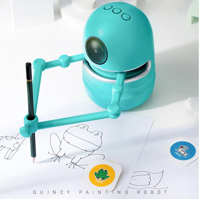 Painting robot for children with suction cup base and drawing cards on table