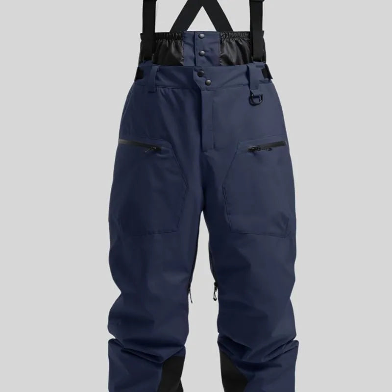 Men's black waterproof ski trousers with adjustable belt straps made from thick linen fabric.