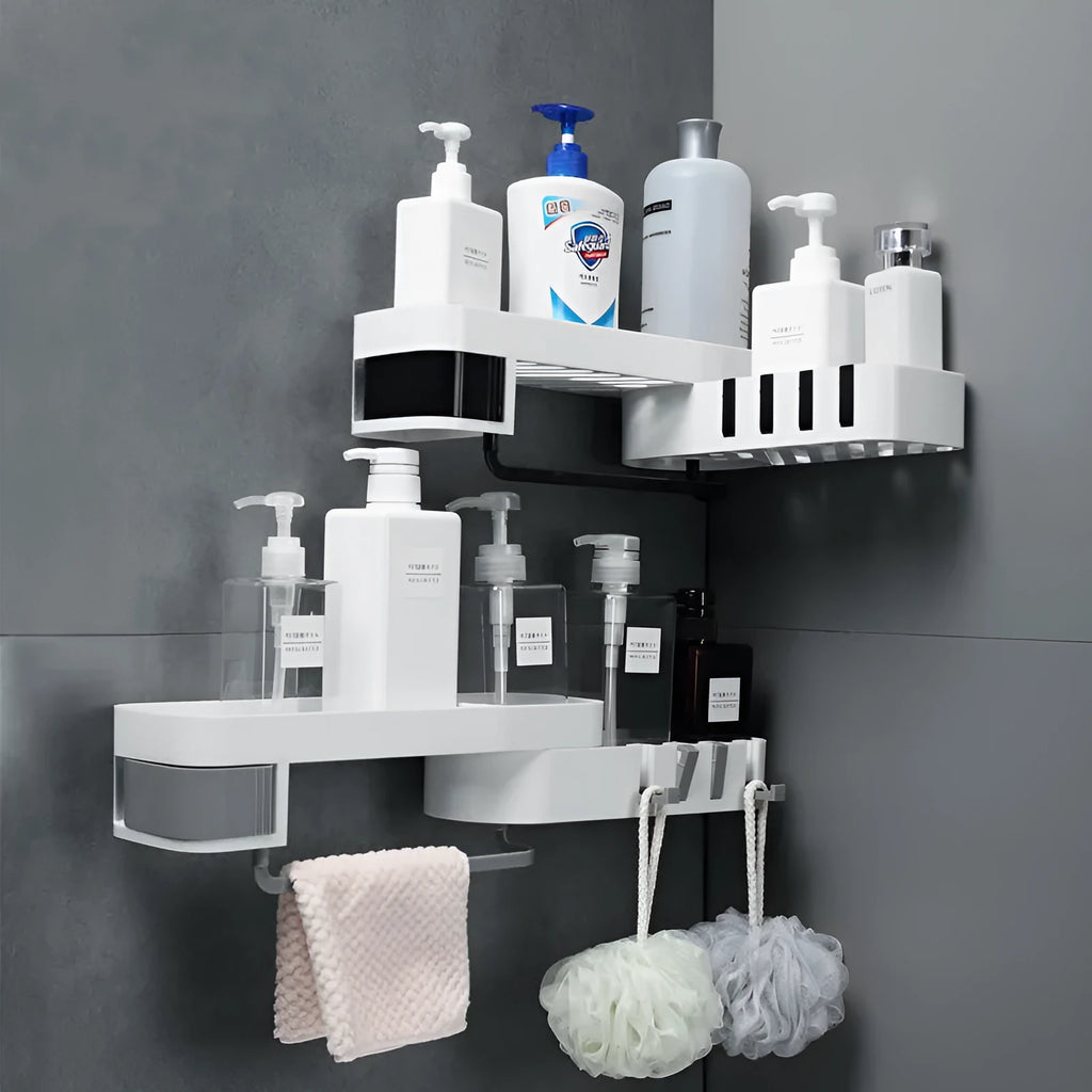 Bathroom corner shelf plastic wall mounted black and white shower storage organiser
