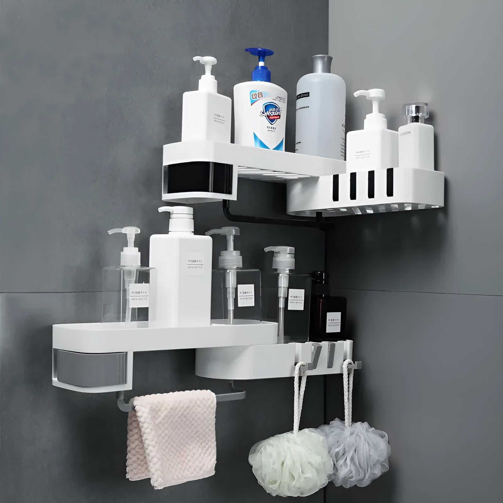 Bathroom corner shelf plastic wall mounted black and white shower storage organiser