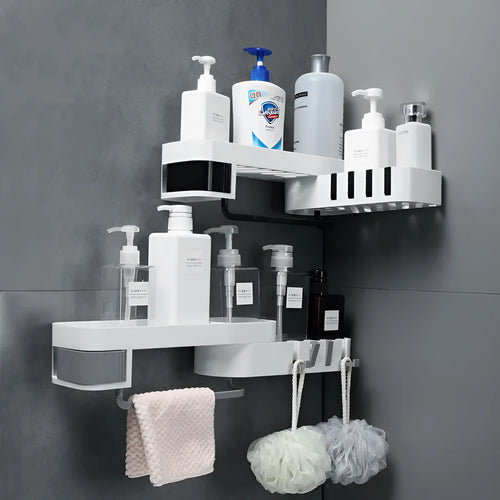 Bathroom corner shelf plastic wall mounted black and white shower storage organiser