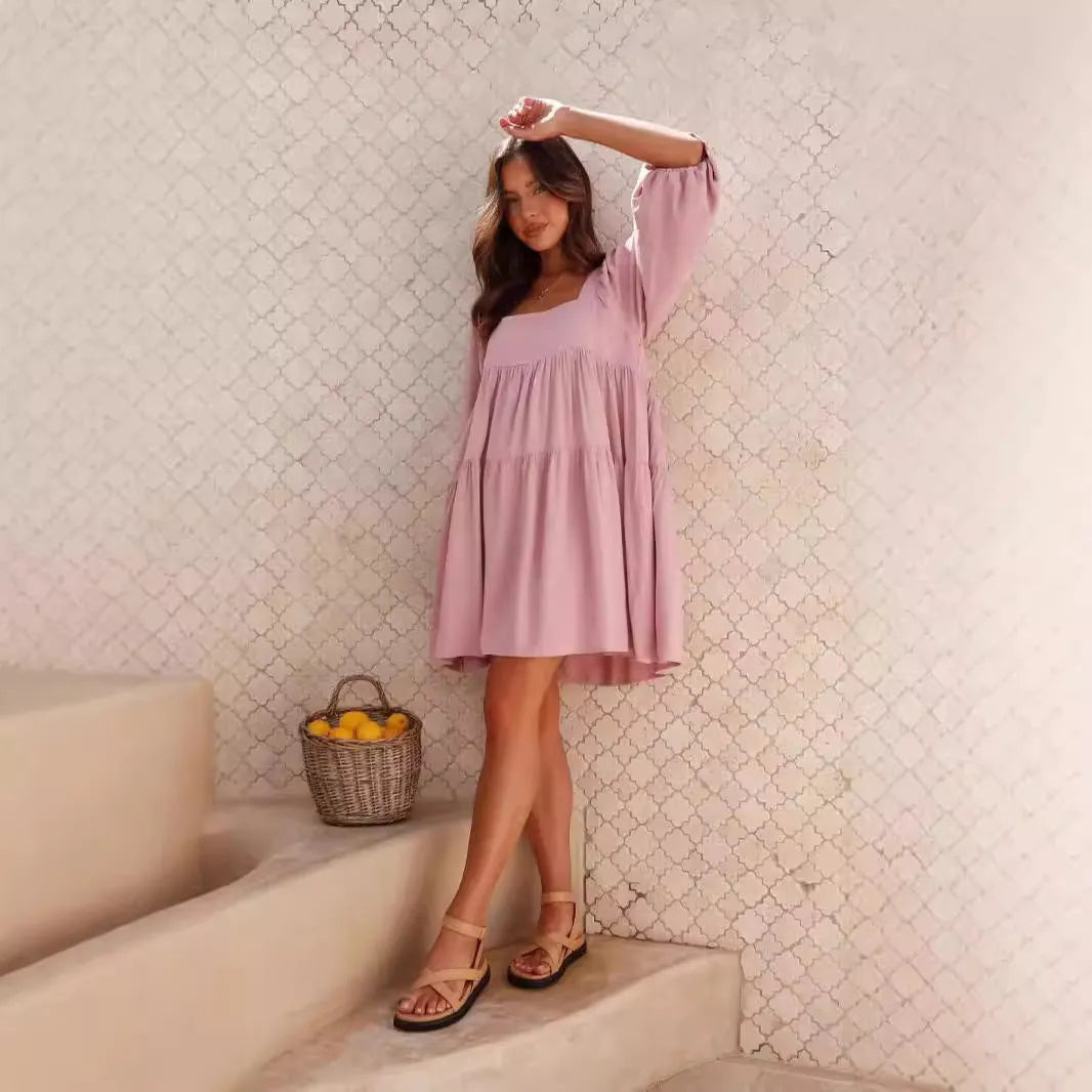 Children's square collar puff sleeve backless A-line dress in orange or light blue