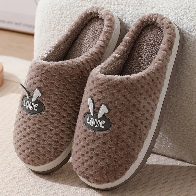 Women's plush rabbit plaid house slipper with thick sole, shown in a solid colour option.