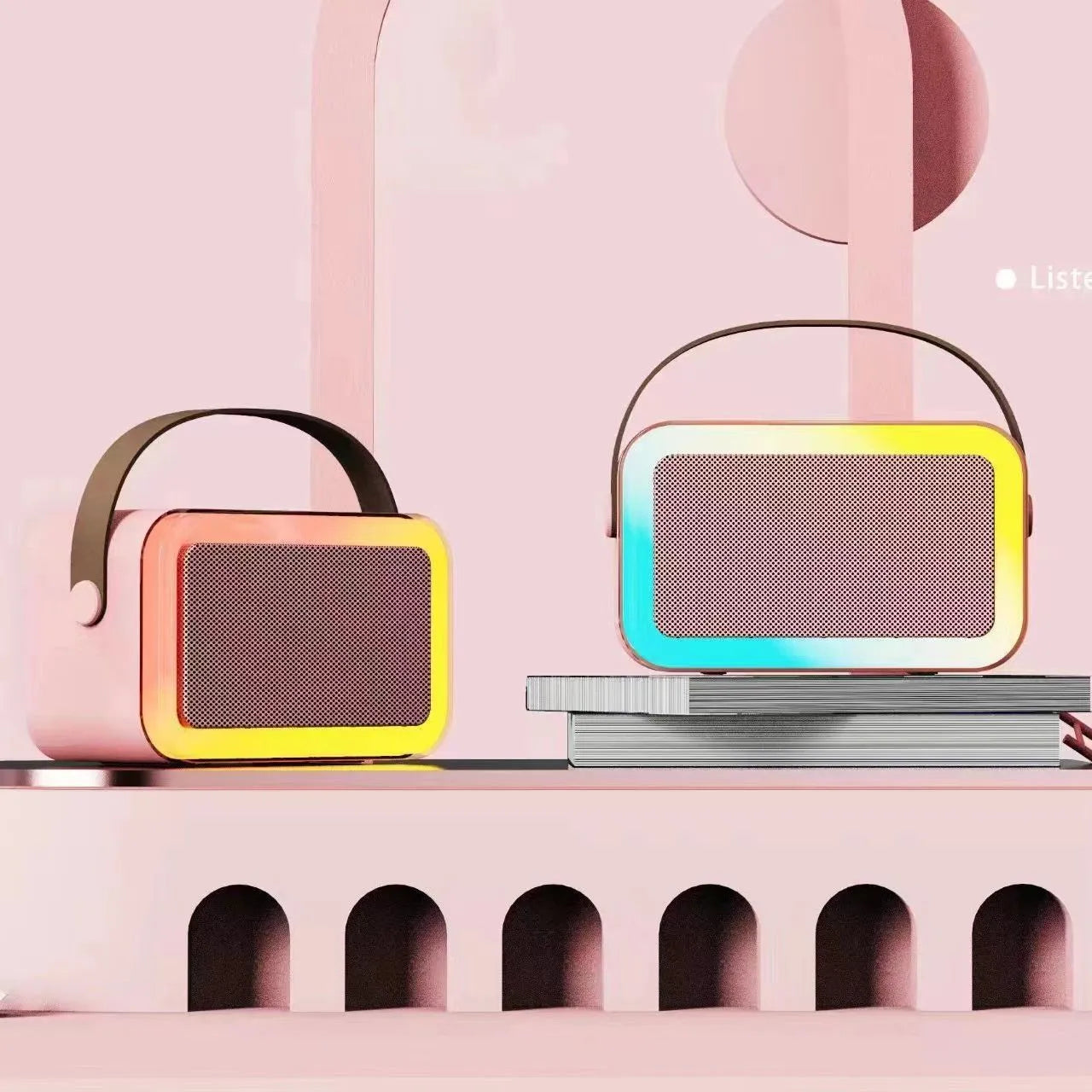 Portable Bluetooth karaoke microphone speaker in pink, sky blue, or white colour