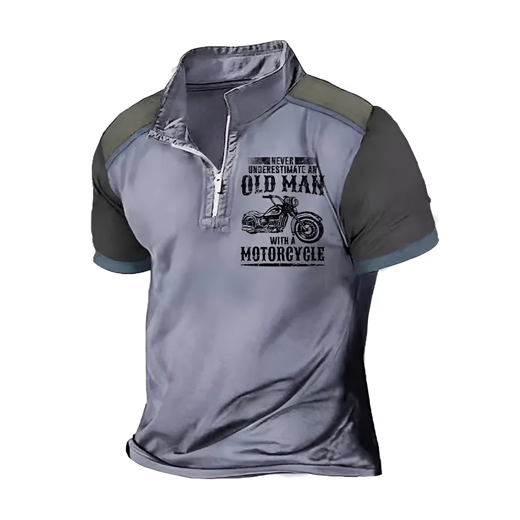 Men's casual polo shirt with lapel, zip decorations, and digital letter print in various colours.