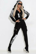 Black women's casual suit with wings printing design showing hooded zipper top and trousers