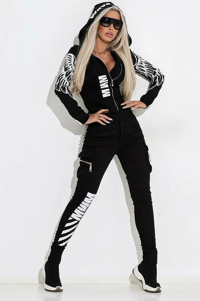 Black women's casual suit with wings printing design showing hooded zipper top and trousers