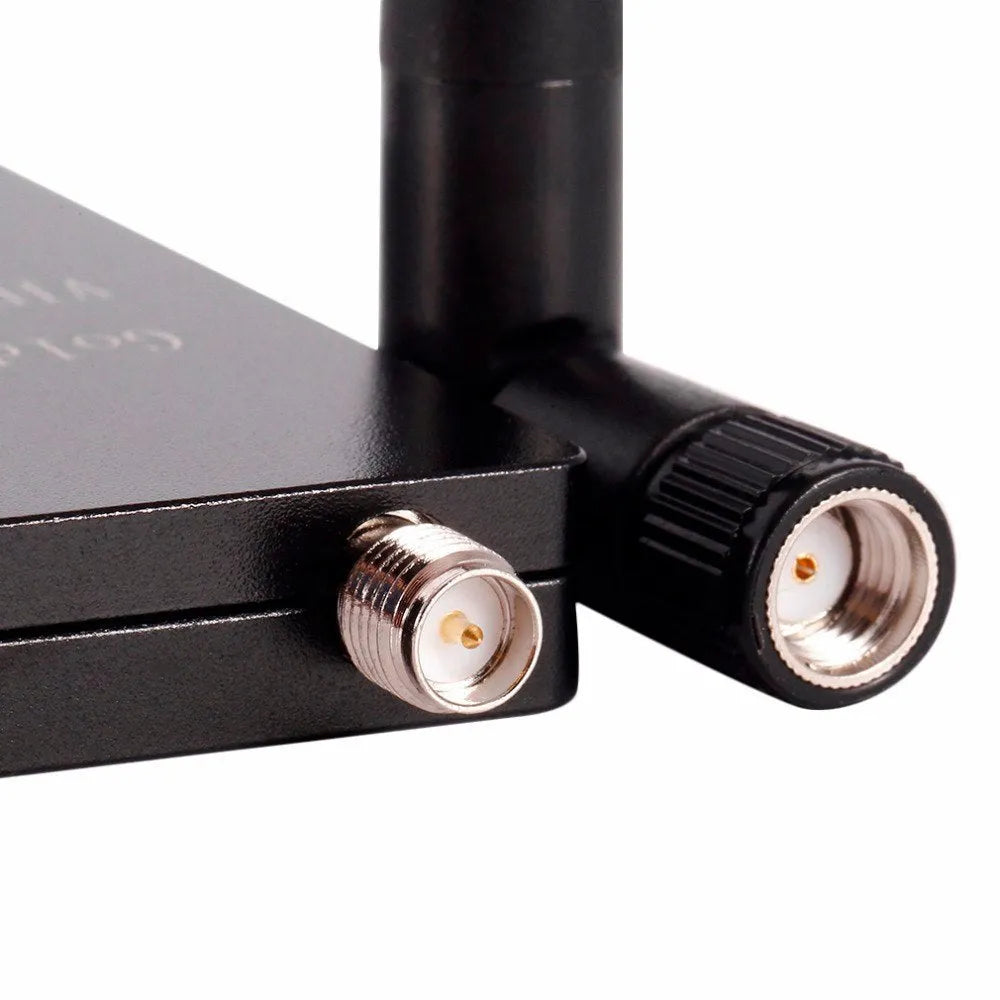 FPV Mini 5.8G OTG 150CH receiver with CNC aluminium alloy shell, RP-SMA antenna, and micro USB cable for Android smartphone