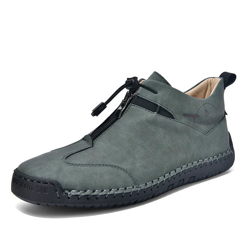 Men's casual leather shoes in khaki with round toe, mid heel, and reinforced leather upper.