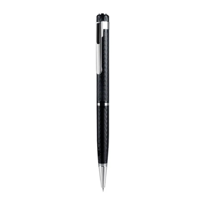 Black pen-shaped digital voice recorder with zinc alloy shell, shown next to included headset and data cable