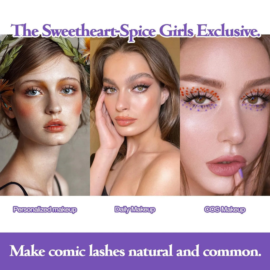 Pack of manga anime style false eyelashes showing three natural wispy designs for Korean makeup and cosplay