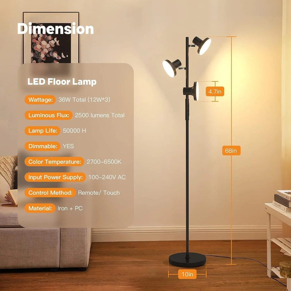 Black adjustable floor lamp with rotatable head and remote control in a living room
