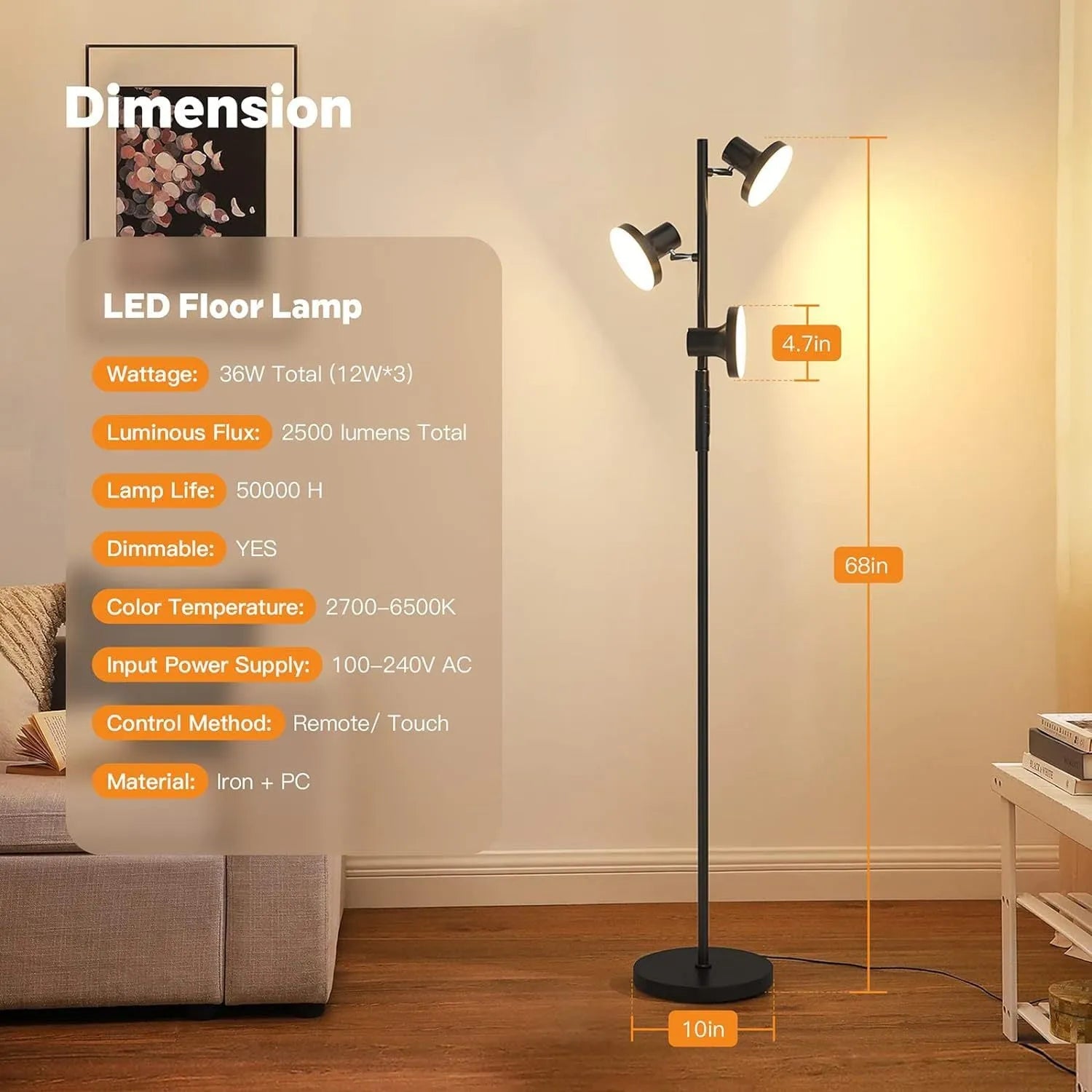 Black adjustable floor lamp with rotatable head and remote control in a living room