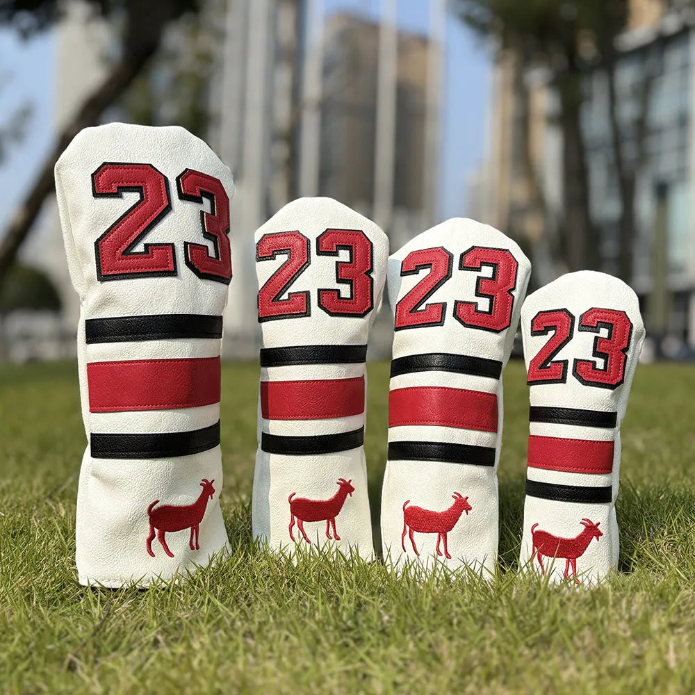 Ram No 1 golf club headcover set showing red, black, white, and yellow PU iron covers and a square putter sleeve.