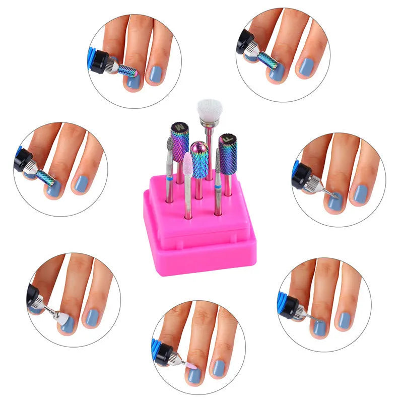 Tungsten steel nail drill polishing head set with 6 bits and 1 brush in transparent case