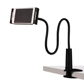 Black bedside phone holder with long arm mounted on a wooden table