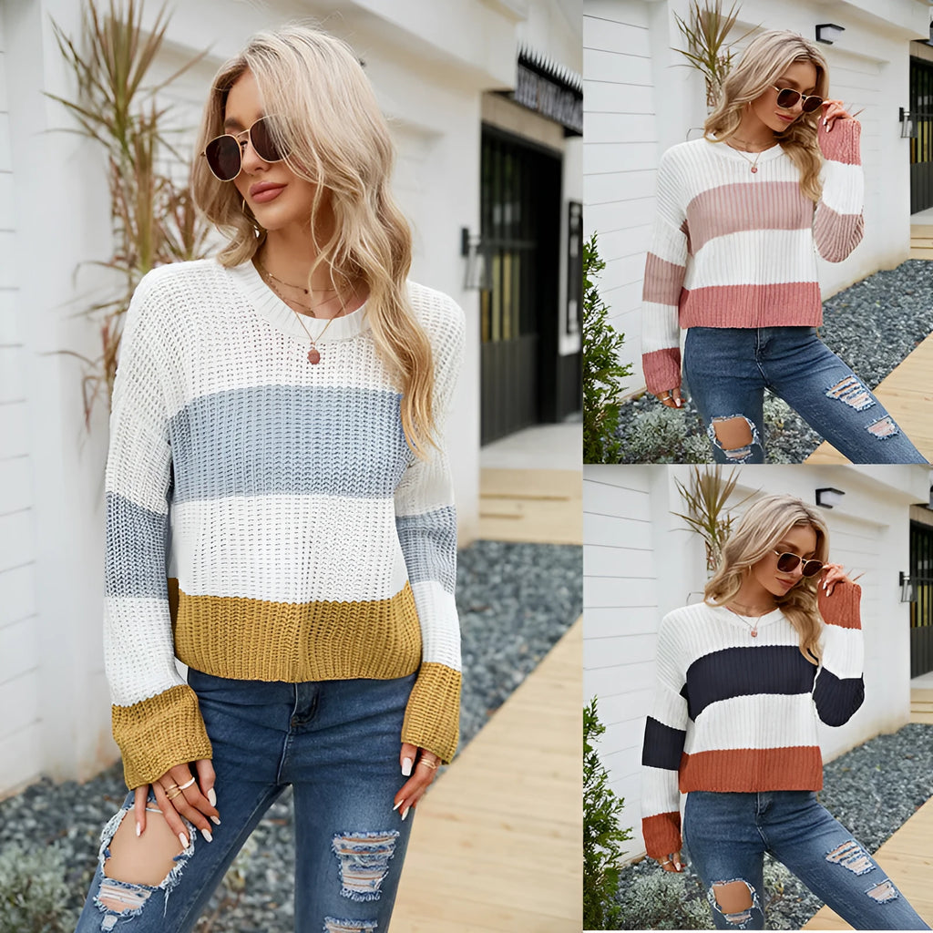 Women's short striped pullover sweater with loose fit in acrylic fabric
