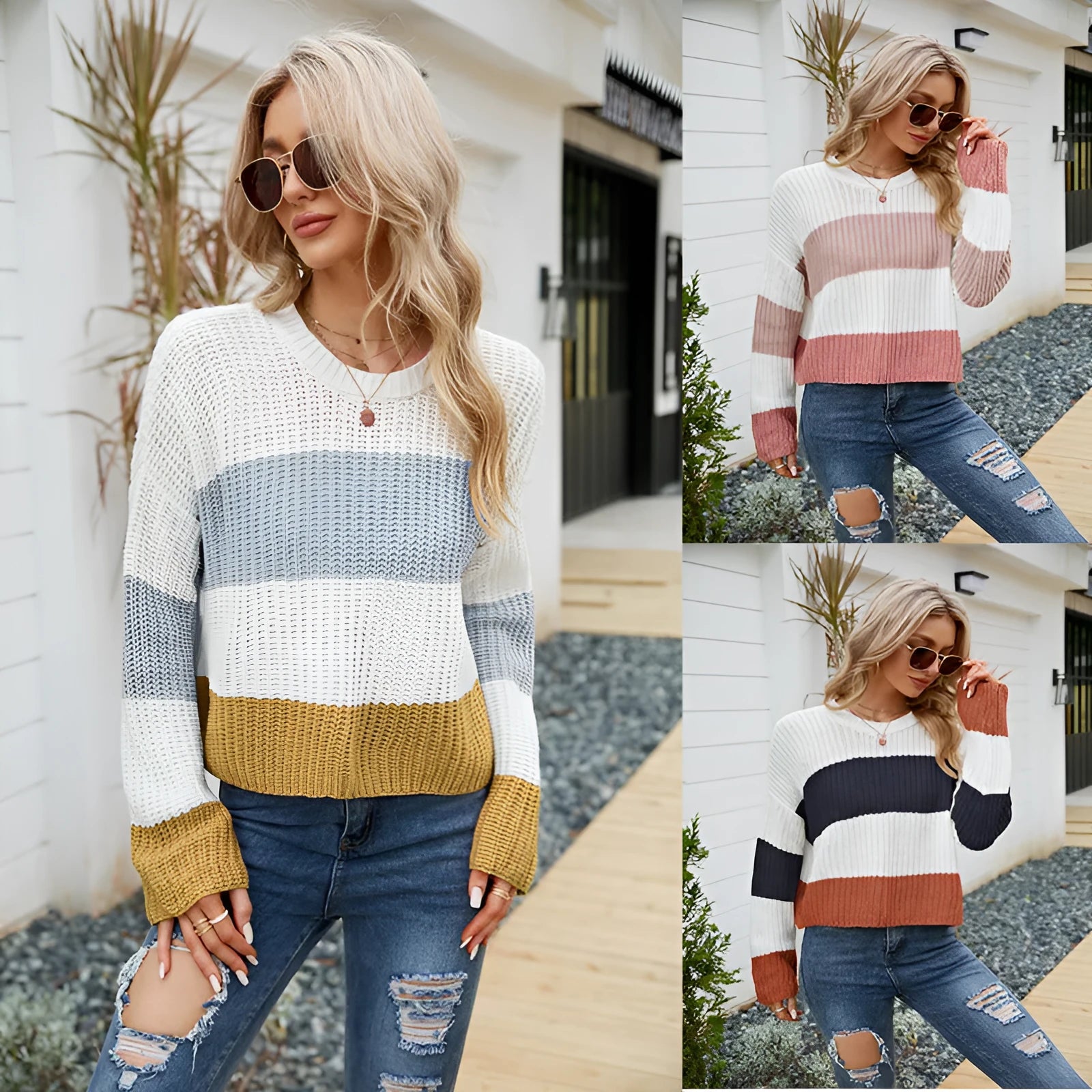 Women's short striped pullover sweater with loose fit in acrylic fabric