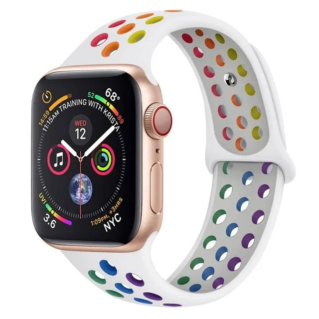 Silicone sports wristband with buckle closure in black, rainbow, or white colours