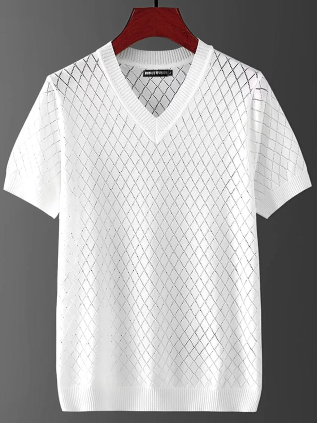 Men's ice silk Korean style short sleeve T-shirt available in white or black with V-neck or round neck options.