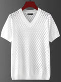 Men's ice silk Korean style short sleeve T-shirt available in white or black with V-neck or round neck options.