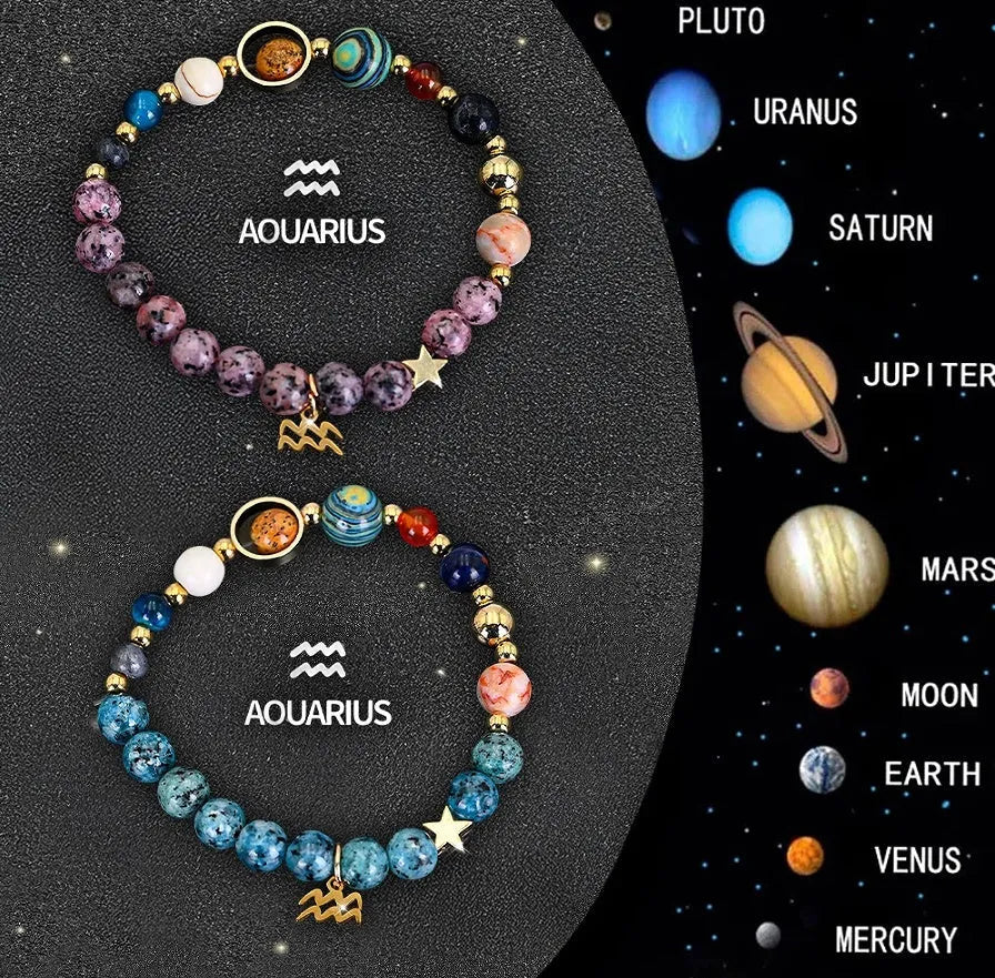 Natural stone zodiac beaded bracelet set showing two matching bracelets with astrology-themed design