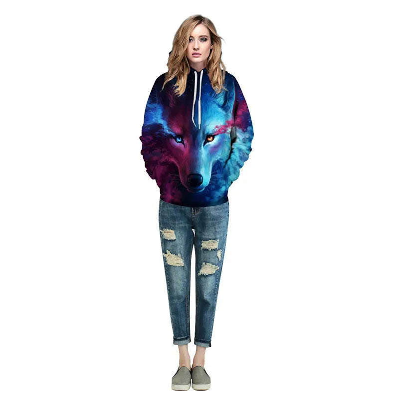 Mr 1991INC space galaxy sweatshirt with wolf print on front, available in sizes S to 5XL for men and women