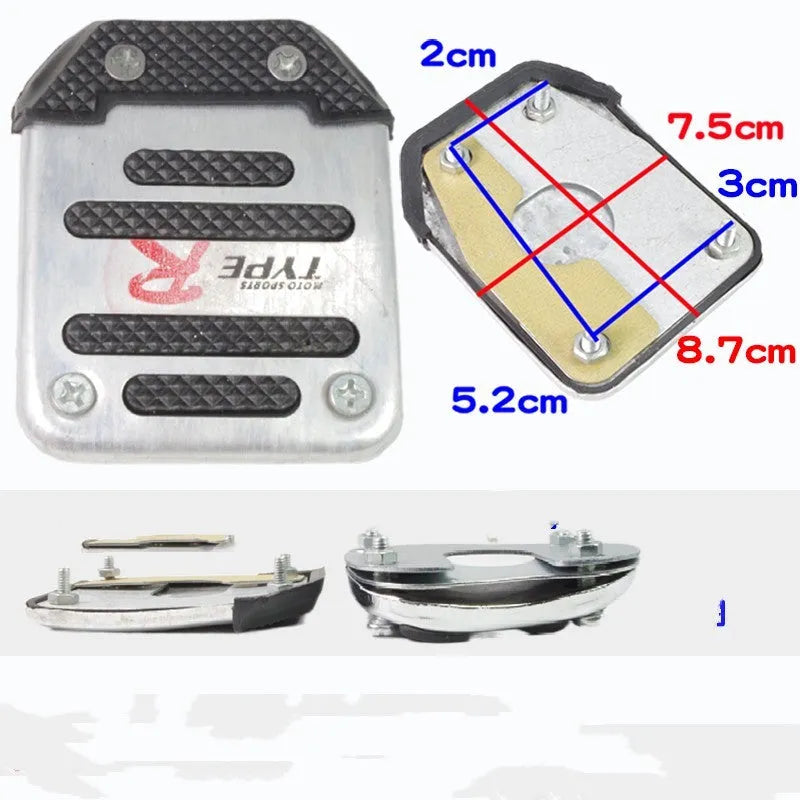 Men's metal motorcycle brake pedal skid plate showing three style options