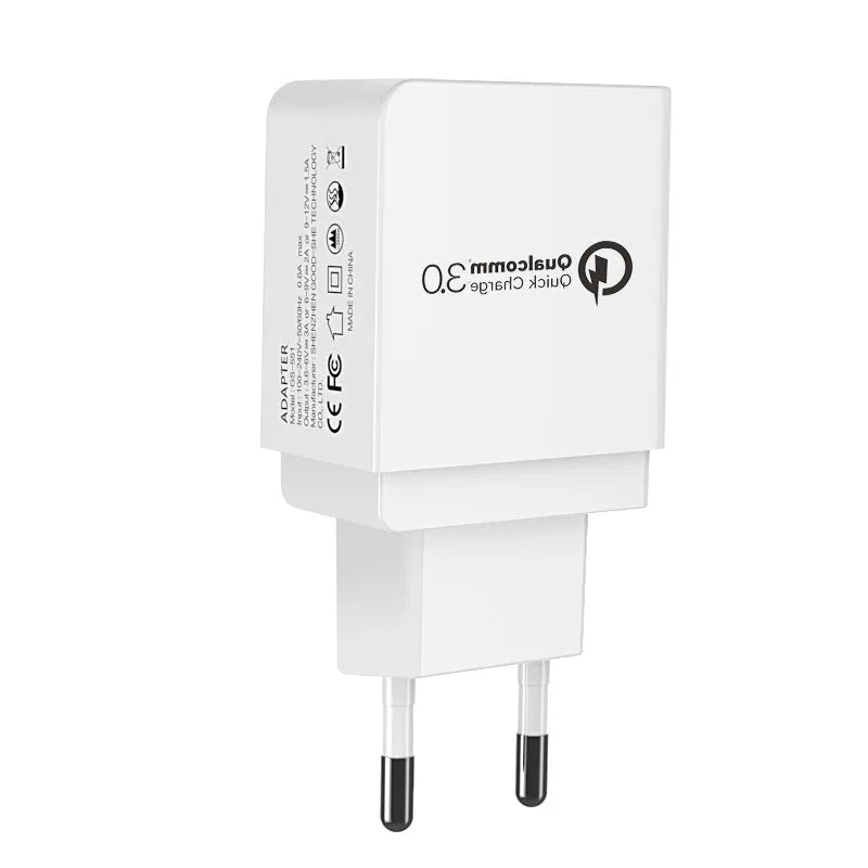 18W QC3.0 USB charger in white with EU plug, measuring 63x40x22mm