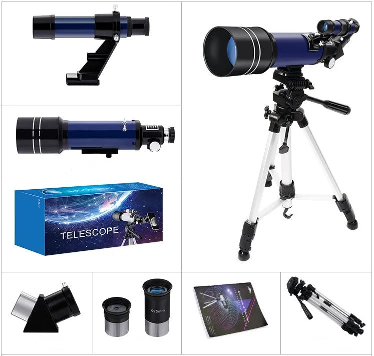 70mm refractor telescope in dark blue with finder scope and two eyepieces for moon watching