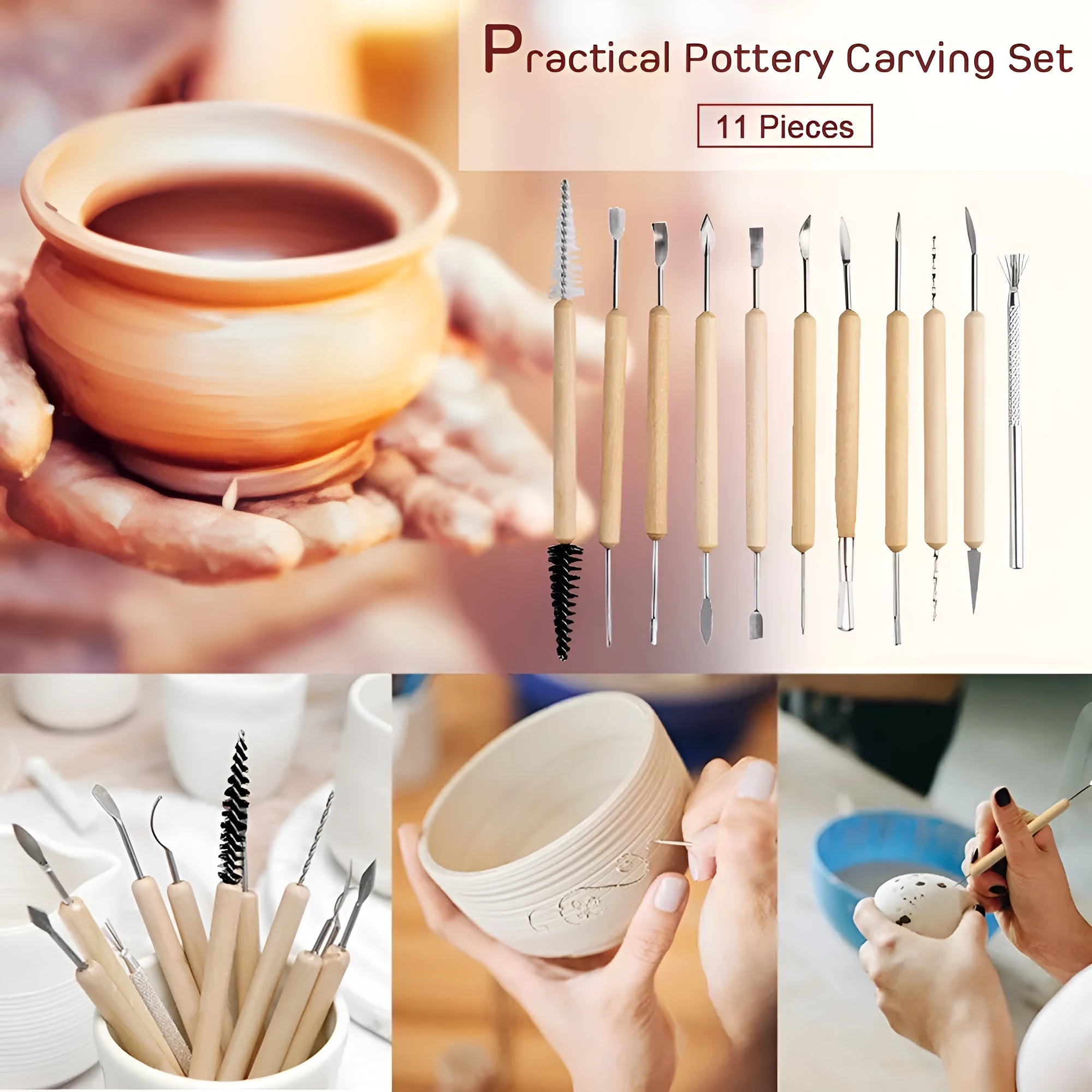 11-piece clay tools set with wooden handles and stainless steel ends arranged on a surface, blue bag option visible